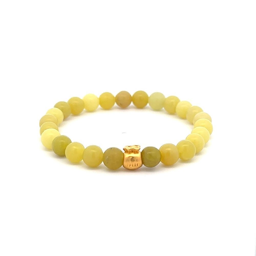 24K Gold Money Bag Lucky Charm Stretchable Bracelet Natural Lemon Jade 6mm
